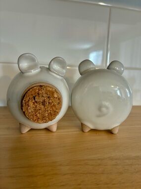 Crate & Barrel Ceramic Pig Salt and Pepper Shakers - White with Cork Quirky